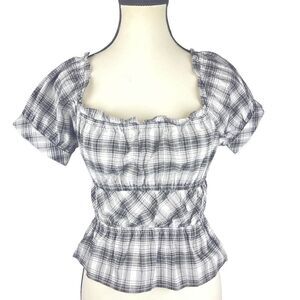 SIm & Sam black/white plaid on/off shoulders crop pheasant top 100% cotton szS